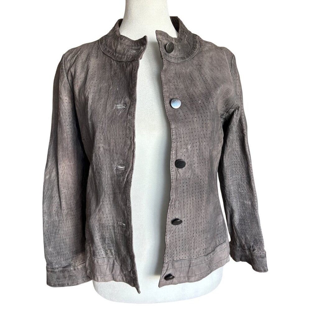 7 For‎ All Mankind Womens Gray Leather Perforated Jacket Red Lining Grunge Moto
